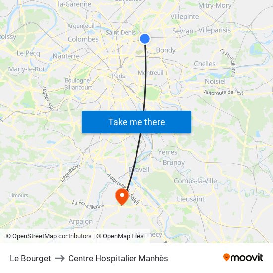 Le Bourget to Centre Hospitalier Manhès map