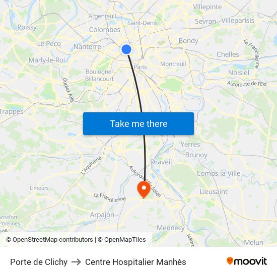 Porte de Clichy to Centre Hospitalier Manhès map