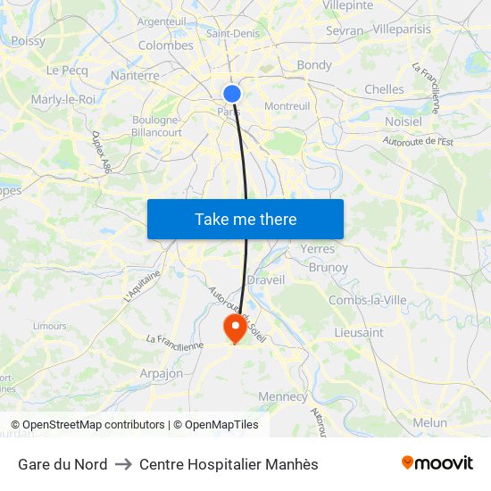 Gare du Nord to Centre Hospitalier Manhès map