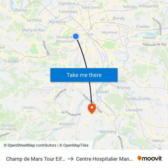 Champ de Mars Tour Eiffel to Centre Hospitalier Manhès map