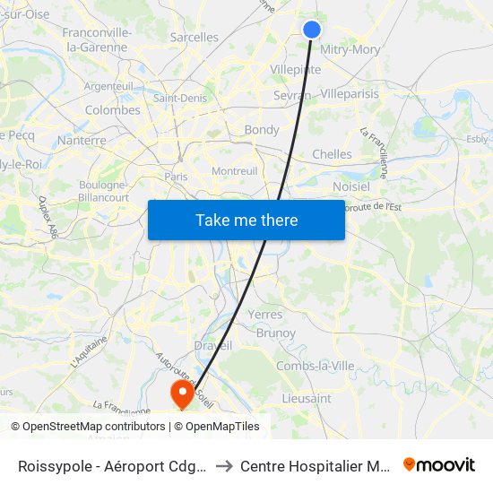 Roissypole - Aéroport Cdg1 (D3) to Centre Hospitalier Manhès map