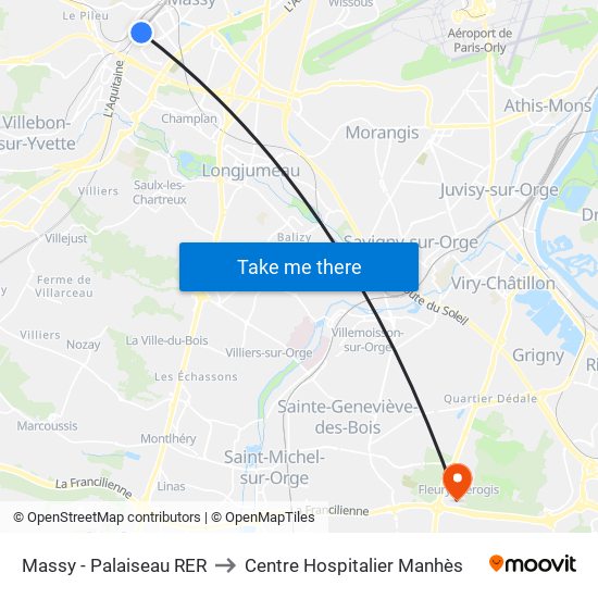 Massy - Palaiseau RER to Centre Hospitalier Manhès map
