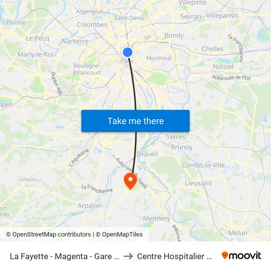 La Fayette - Magenta - Gare du Nord to Centre Hospitalier Manhès map