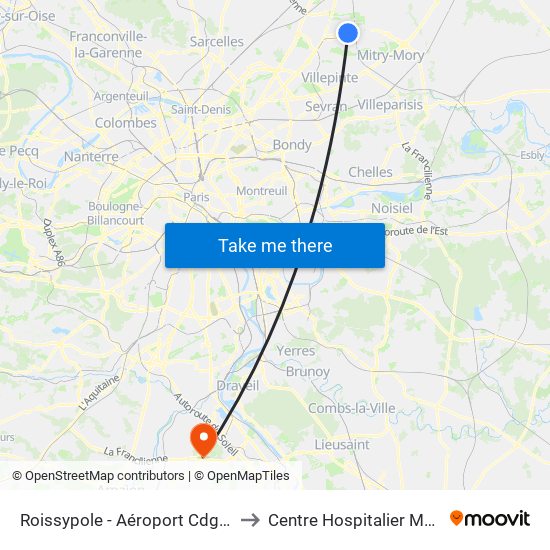 Roissypole - Aéroport Cdg1 (E2) to Centre Hospitalier Manhès map