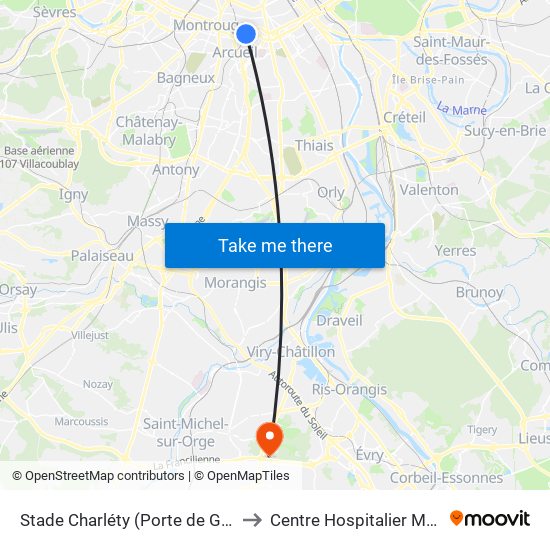 Stade Charléty (Porte de Gentilly) to Centre Hospitalier Manhès map