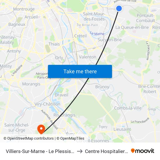 Villiers-Sur-Marne - Le Plessis-Trévise RER to Centre Hospitalier Manhès map