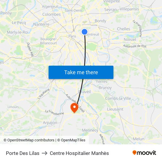 Porte Des Lilas to Centre Hospitalier Manhès map