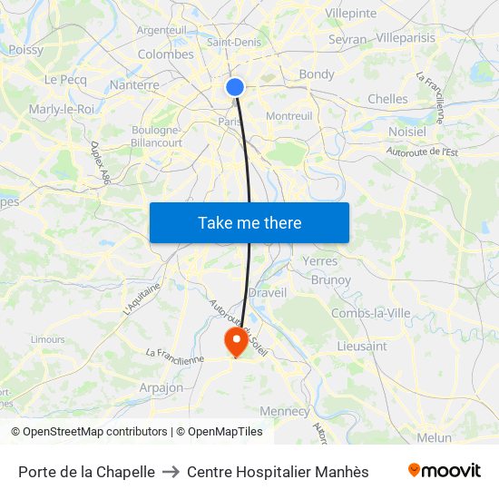 Porte de la Chapelle to Centre Hospitalier Manhès map