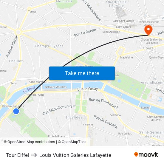 Eiffel Tower to Louis Vuitton Galeries Lafayette map