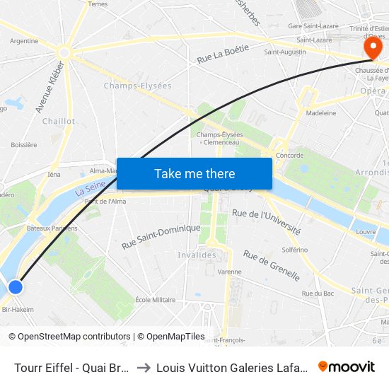Tourr Eiffel - Quai Branly to Louis Vuitton Galeries Lafayette map