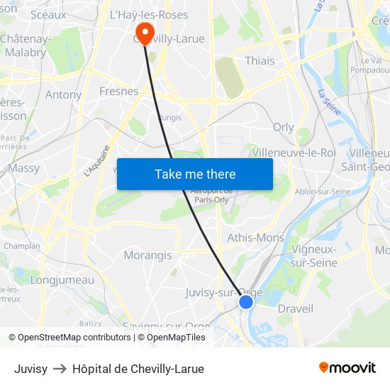 Juvisy to Hôpital de Chevilly-Larue map