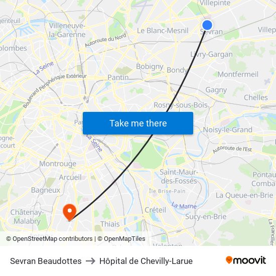 Sevran Beaudottes to Hôpital de Chevilly-Larue map