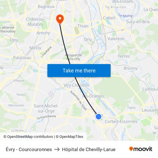 Évry - Courcouronnes to Hôpital de Chevilly-Larue map