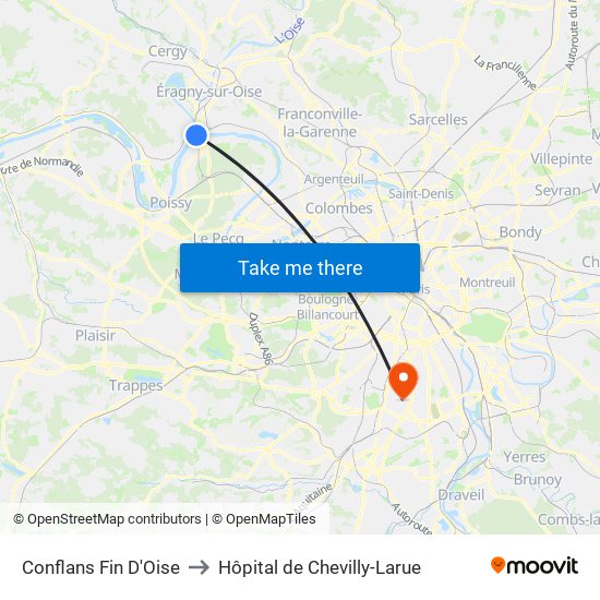 Conflans Fin D'Oise to Hôpital de Chevilly-Larue map