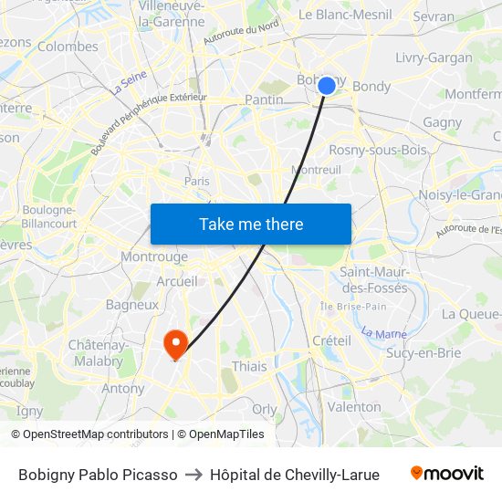 Bobigny Pablo Picasso to Hôpital de Chevilly-Larue map
