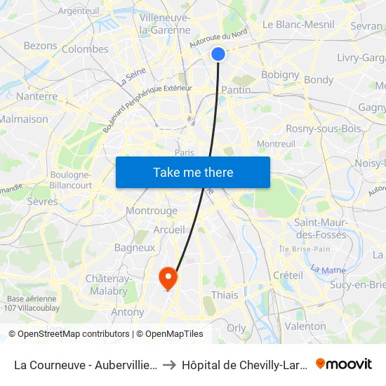 La Courneuve - Aubervilliers to Hôpital de Chevilly-Larue map