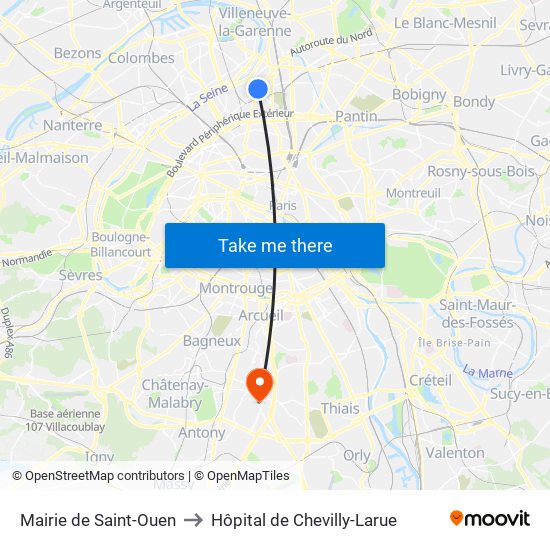 Mairie de Saint-Ouen to Hôpital de Chevilly-Larue map
