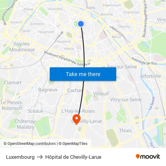 Luxembourg to Hôpital de Chevilly-Larue map