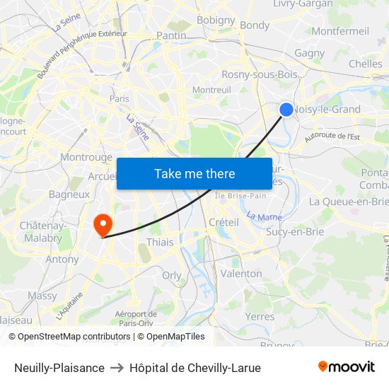 Neuilly-Plaisance to Hôpital de Chevilly-Larue map