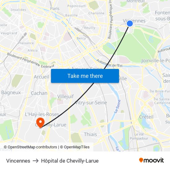Vincennes to Hôpital de Chevilly-Larue map
