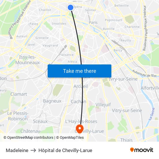 Madeleine to Hôpital de Chevilly-Larue map