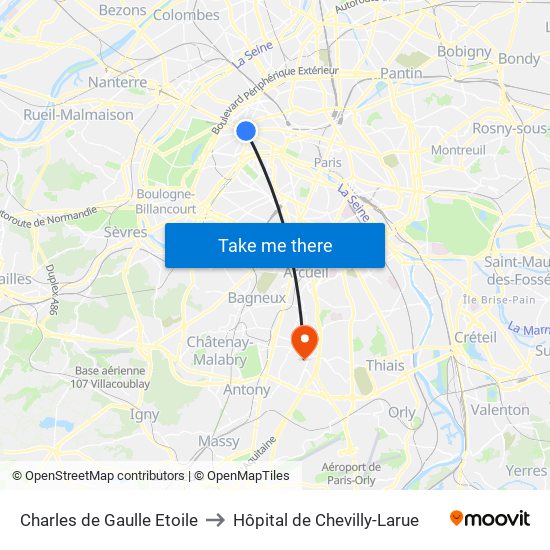 Charles de Gaulle Etoile to Hôpital de Chevilly-Larue map