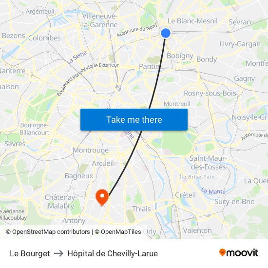 Le Bourget to Hôpital de Chevilly-Larue map