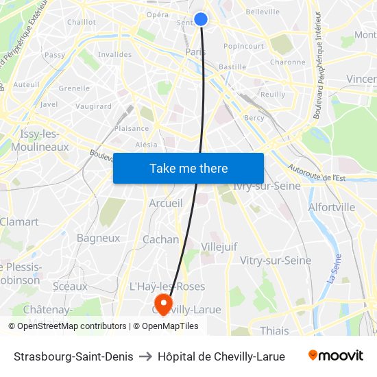 Strasbourg-Saint-Denis to Hôpital de Chevilly-Larue map