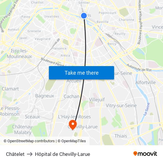 Châtelet to Hôpital de Chevilly-Larue map