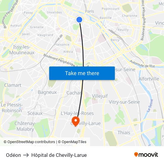 Odéon to Hôpital de Chevilly-Larue map
