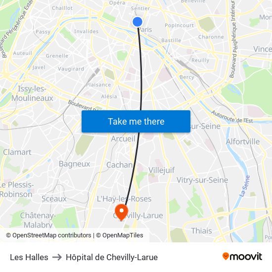 Les Halles to Hôpital de Chevilly-Larue map