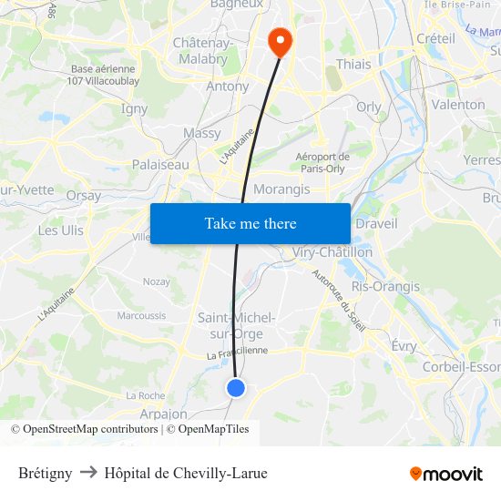 Brétigny to Hôpital de Chevilly-Larue map
