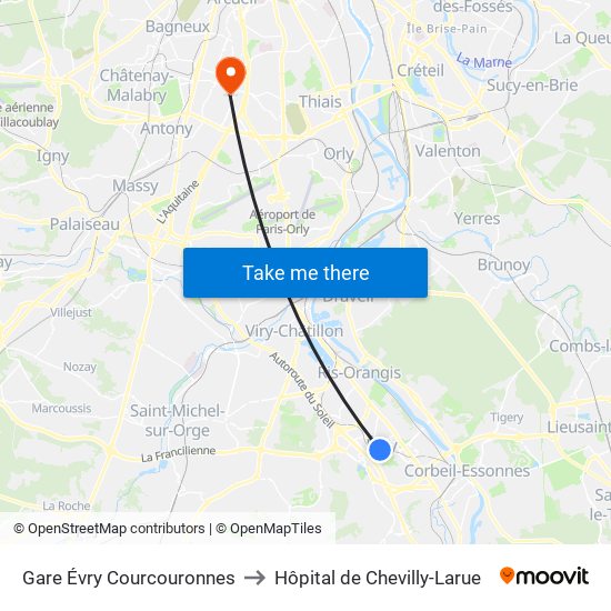 Gare Évry Courcouronnes to Hôpital de Chevilly-Larue map