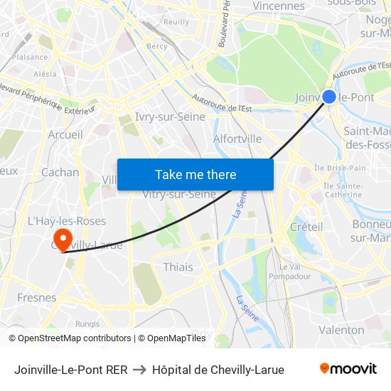 Joinville-Le-Pont RER to Hôpital de Chevilly-Larue map