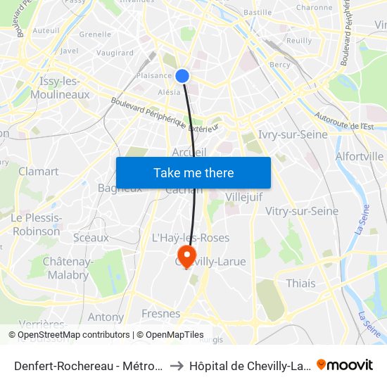 Denfert-Rochereau - Métro-Rer to Hôpital de Chevilly-Larue map