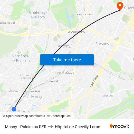 Massy - Palaiseau RER to Hôpital de Chevilly-Larue map