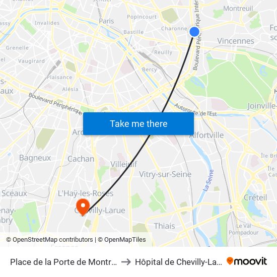 Place de la Porte de Montreuil to Hôpital de Chevilly-Larue map