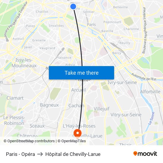 Paris - Opéra to Hôpital de Chevilly-Larue map