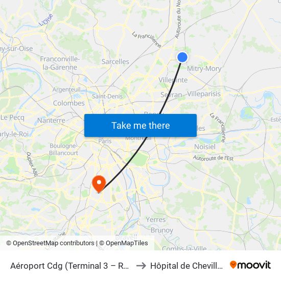 Aéroport Cdg (Terminal 3 – Roissypôle) to Hôpital de Chevilly-Larue map