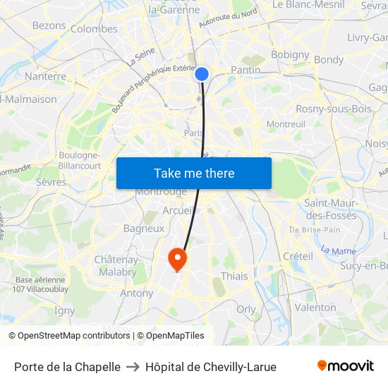 Porte de la Chapelle to Hôpital de Chevilly-Larue map