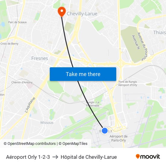 Aéroport Orly 1-2-3 to Hôpital de Chevilly-Larue map