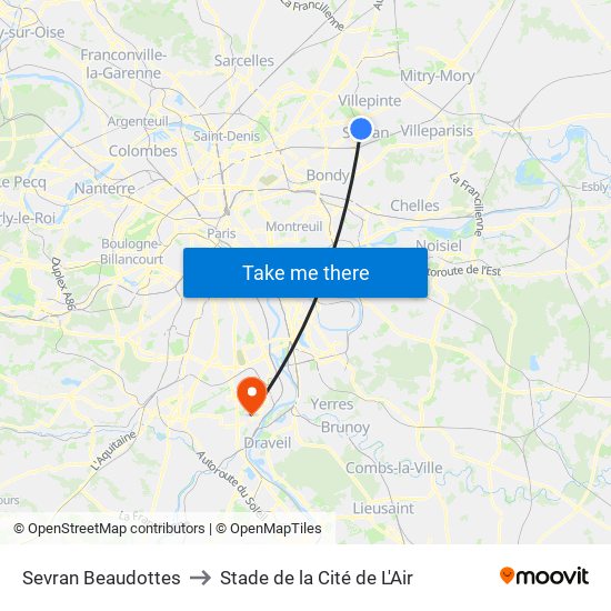 Sevran Beaudottes to Stade de la Cité de L'Air map