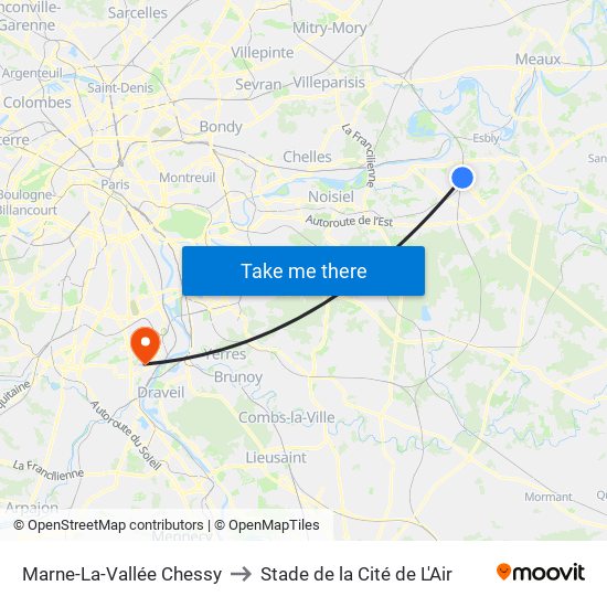 Marne-La-Vallée Chessy to Stade de la Cité de L'Air map