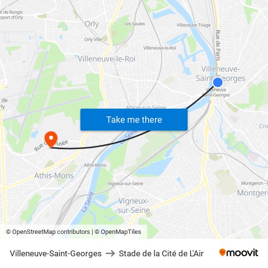 Villeneuve-Saint-Georges to Stade de la Cité de L'Air map