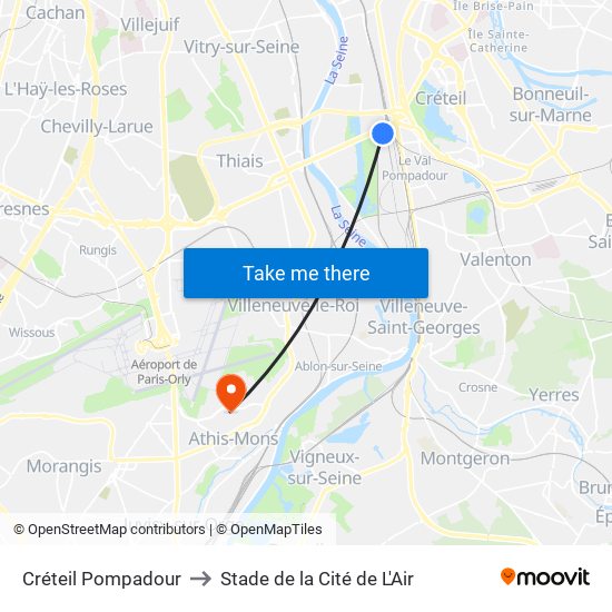 Créteil Pompadour to Stade de la Cité de L'Air map
