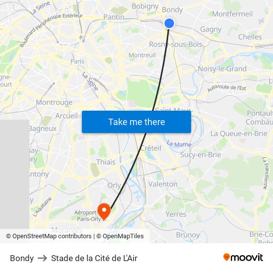 Bondy to Stade de la Cité de L'Air map