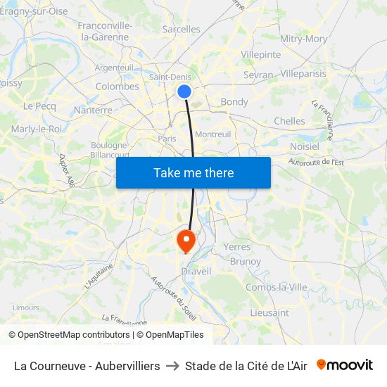 La Courneuve - Aubervilliers to Stade de la Cité de L'Air map