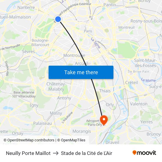 Neuilly Porte Maillot to Stade de la Cité de L'Air map