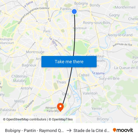 Bobigny - Pantin - Raymond Queneau to Stade de la Cité de L'Air map