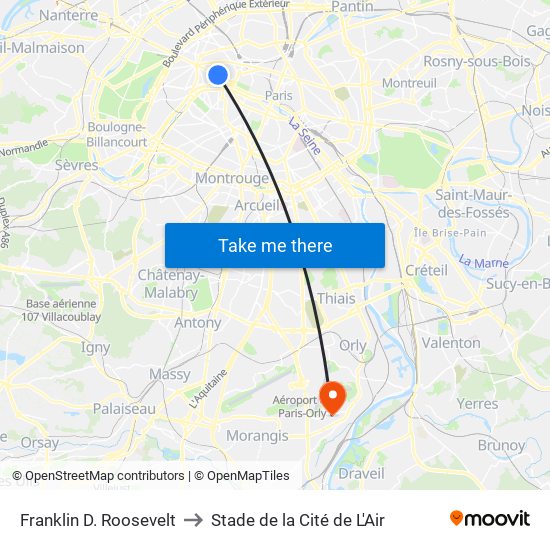 Franklin D. Roosevelt to Stade de la Cité de L'Air map